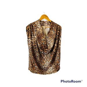 ECI New York leopard print sleeveless cowl neck top.